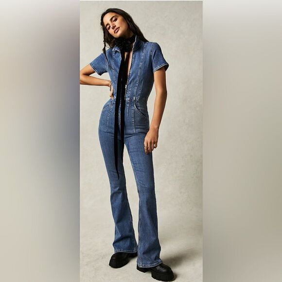 Free People We The Free Jayde Flare Jumpsuit Size Sunburt Blue Size L - Picture 1 of 13